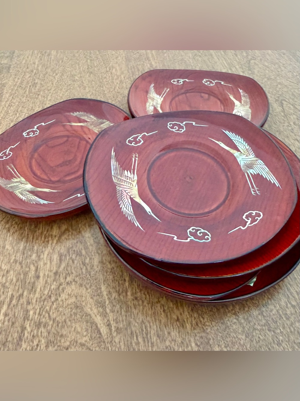 Red Lacquer and MOP Crane Accent Plates - Set of 4